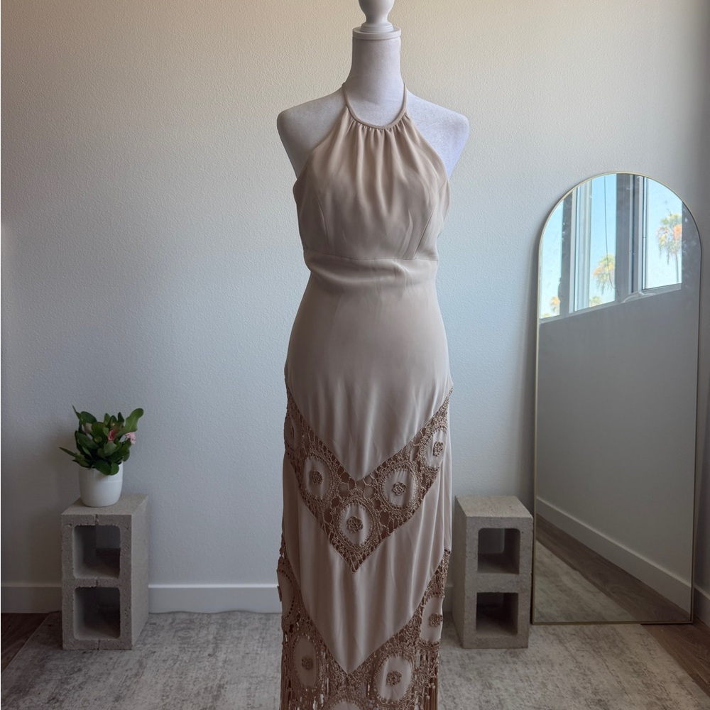 Sue Wong Boho Beige Halter Maxi Dress with Crochet Fringe size 2 - Picture 2 of 6